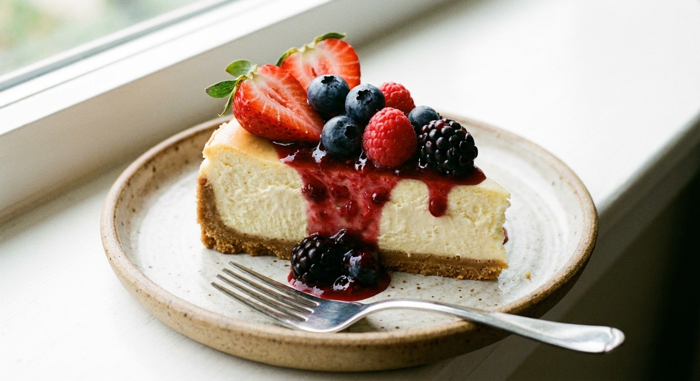 A close-up photo of a cheesecake slice topped with fresh berries and a glossy berry sauce on a small dessert plate
