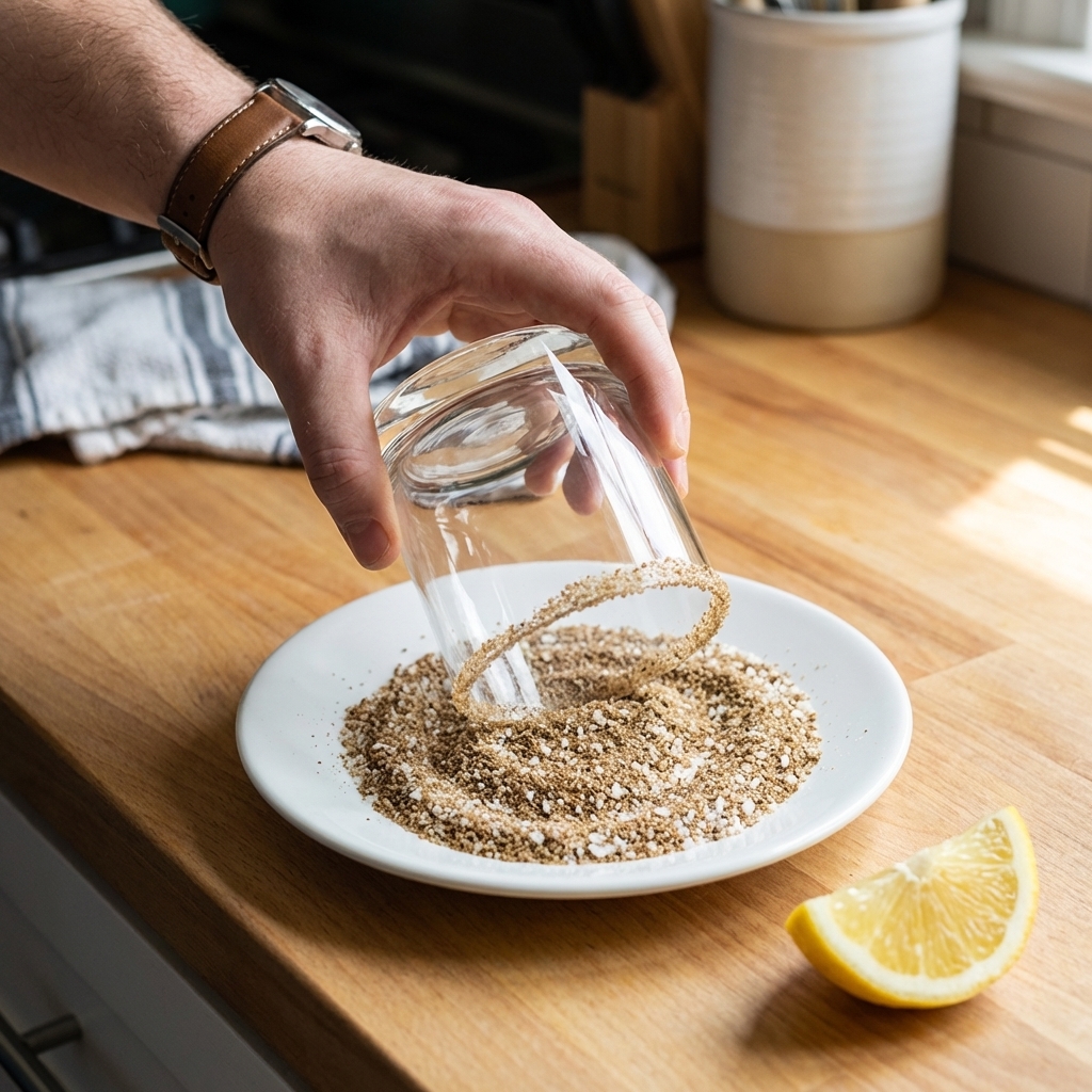 A close-up photo of a cocktail glass being dipped into a plate of celery salt and kosher salt mixture, with a lemon wedge beside it on a kitchen counter