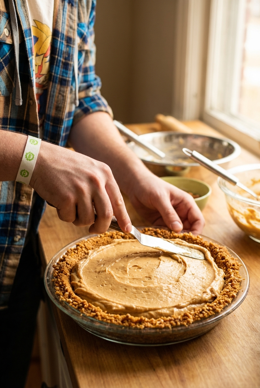 A close-up photo of a creamy peanut butter pie filling being spread into a pretzel crust with a spatula