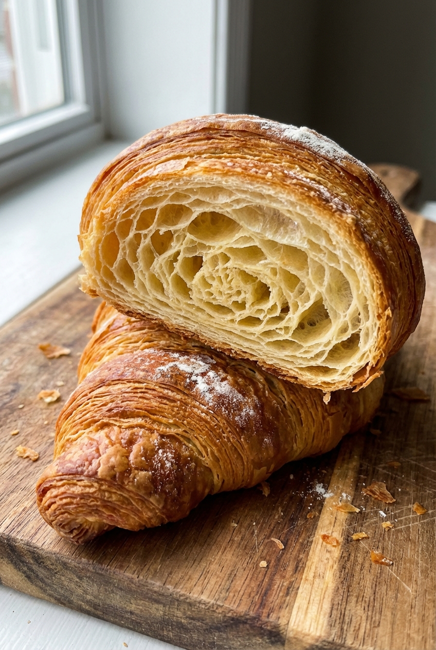 A close up photo of a croissant cut open showing a honeycomb interior crumb and crisp flaky crust