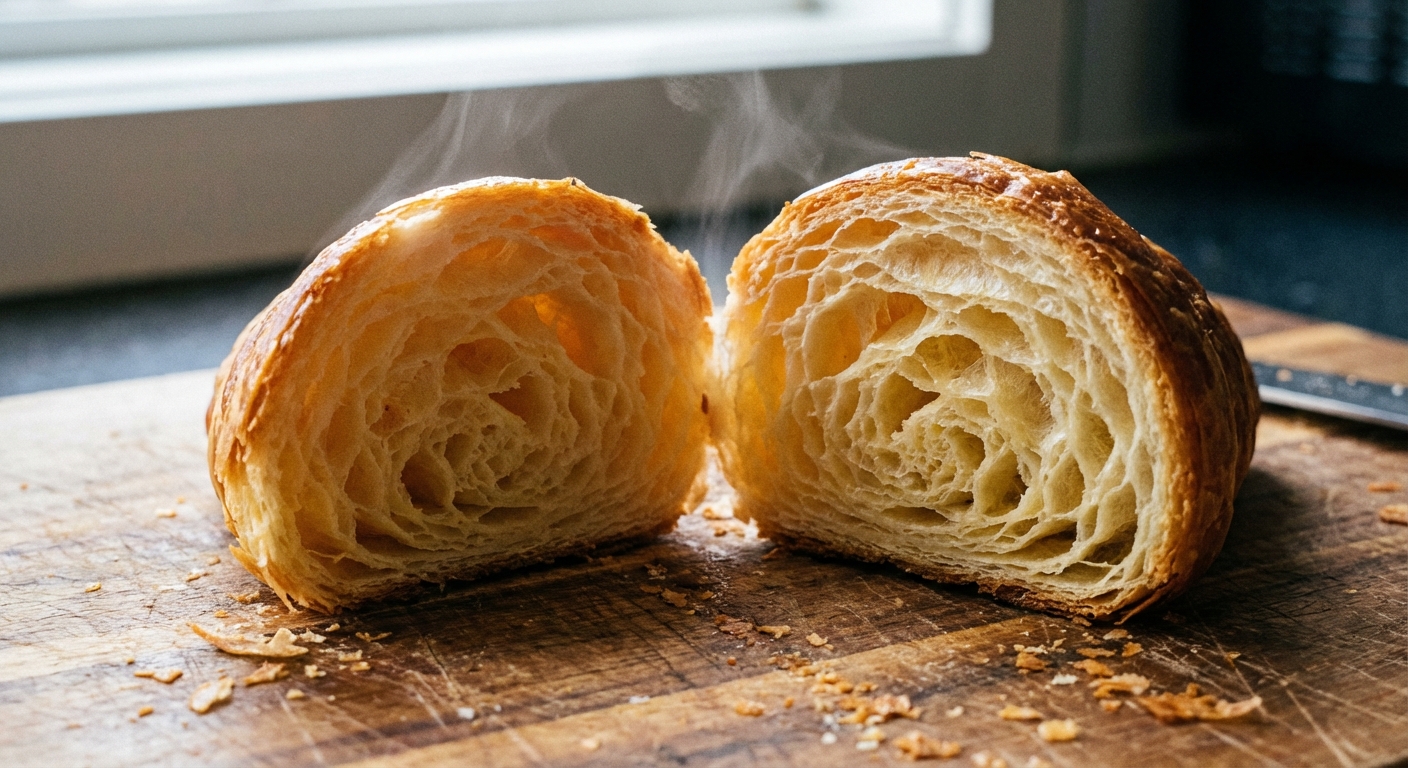 A close up photo of a croissant torn open showing a honeycomb layered interior on a wooden cutting board