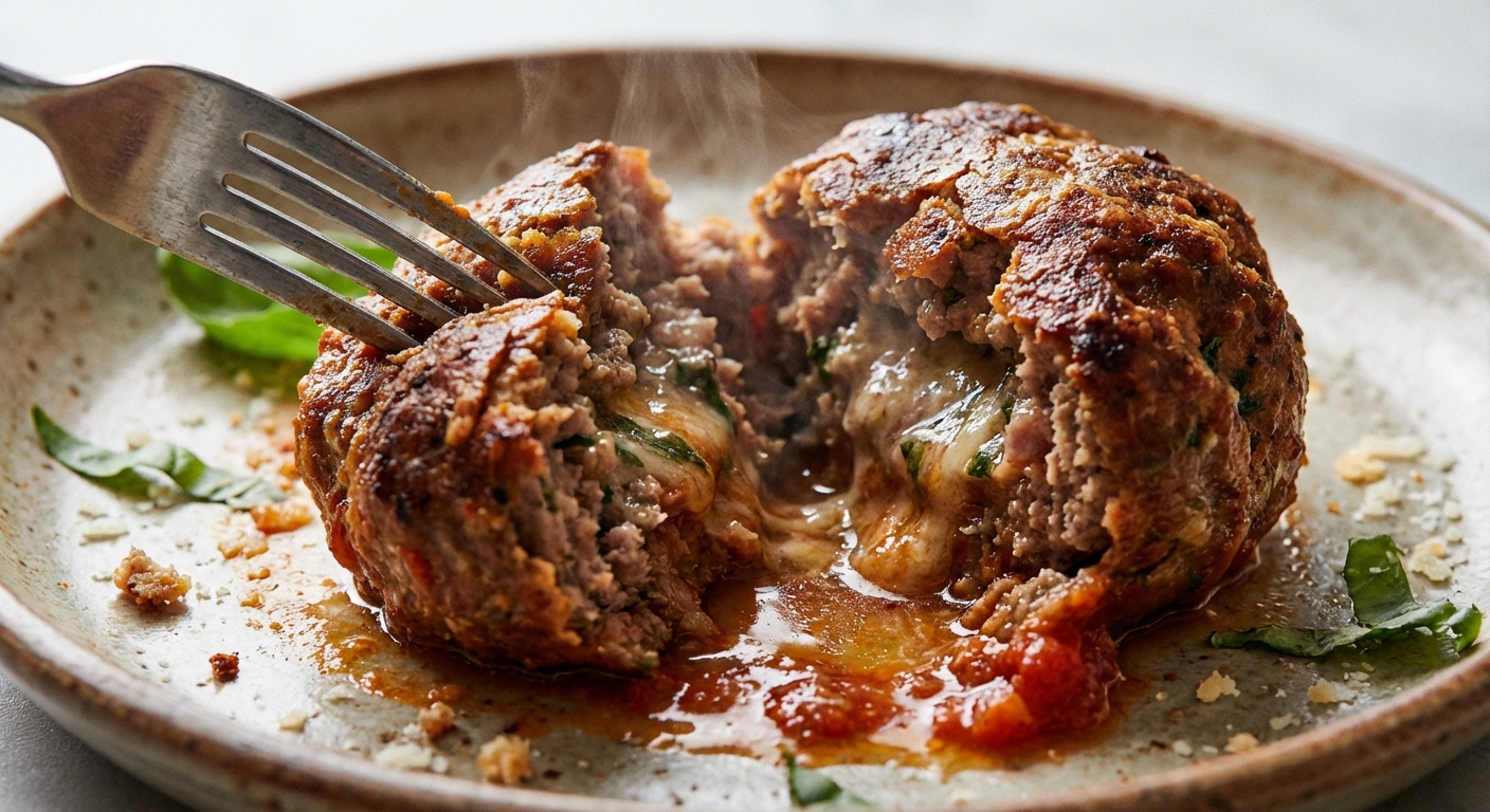 A close-up photo of a fork breaking open a baked meatball showing a juicy interior