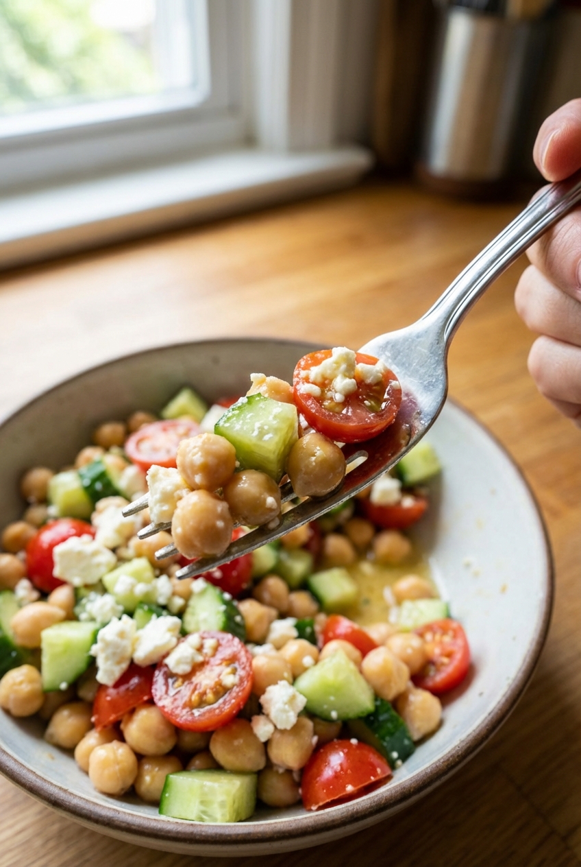 A close-up photo of a fork lifting a bite of salad with chickpeas, cucumber, tomato, and feta, with the rest of the salad blurred in the background