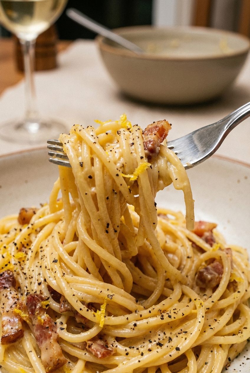 A close-up photo of a fork twirling creamy carbonara spaghetti with visible black pepper and lemon zest