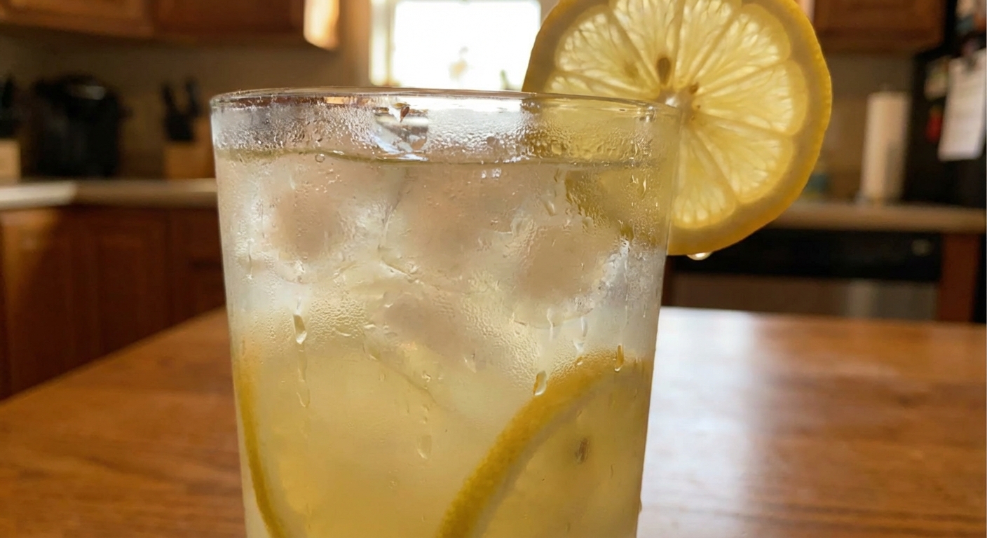 A close-up photo of a glass of lemonade with condensation, ice cubes, and a lemon wheel on the rim