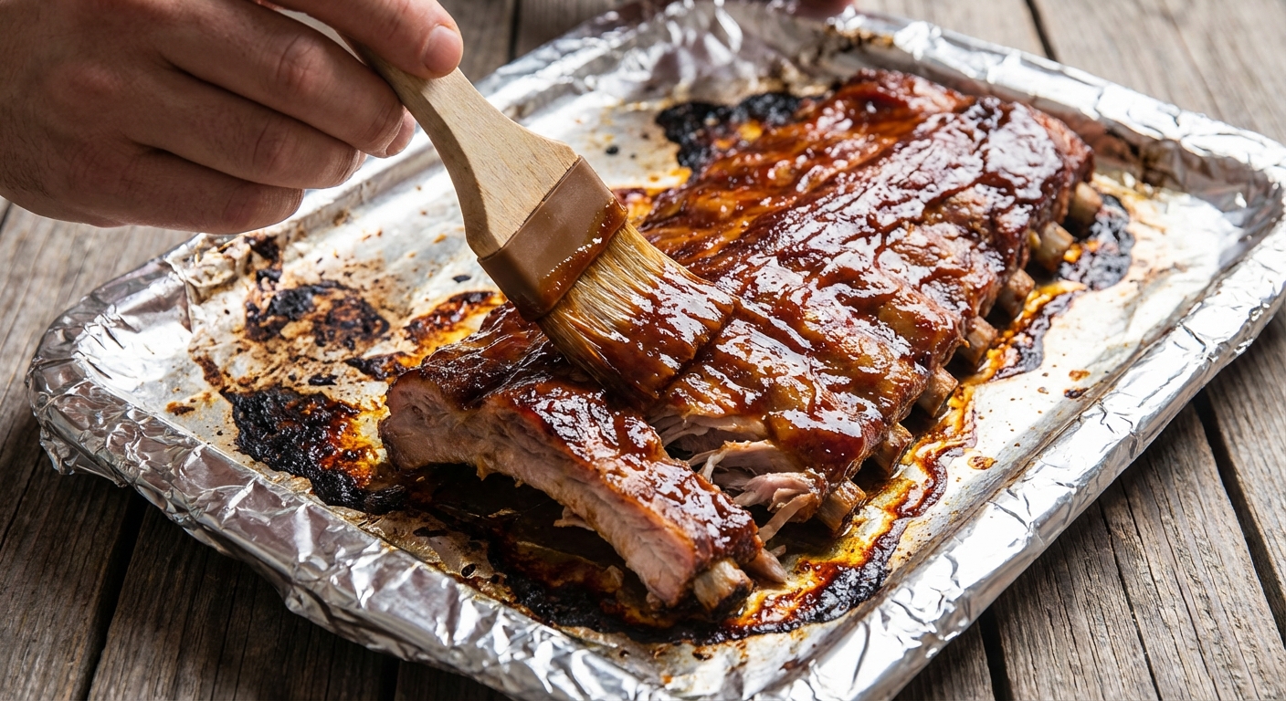 A close-up photo of a hand brushing barbecue sauce onto tender pork ribs on a foil-lined baking sheet