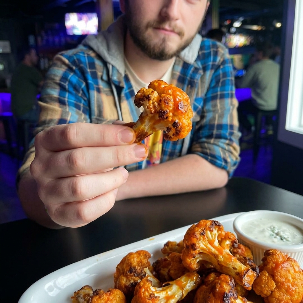 A close-up photo of a hand holding a roasted buffalo cauliflower floret with crispy edges over a platter