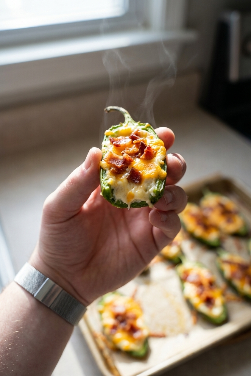A close up photo of a hand holding one baked jalapeño popper with crisp bacon and visible creamy cheese filling, with the rest of the poppers slightly blurred on a baking tray in the background