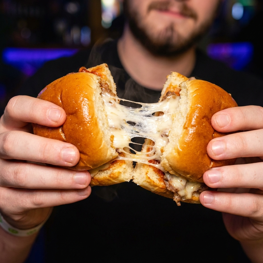 A close-up photo of a hand pulling apart two baked sliders showing stretchy melted cheese and soft, chewy roll interior