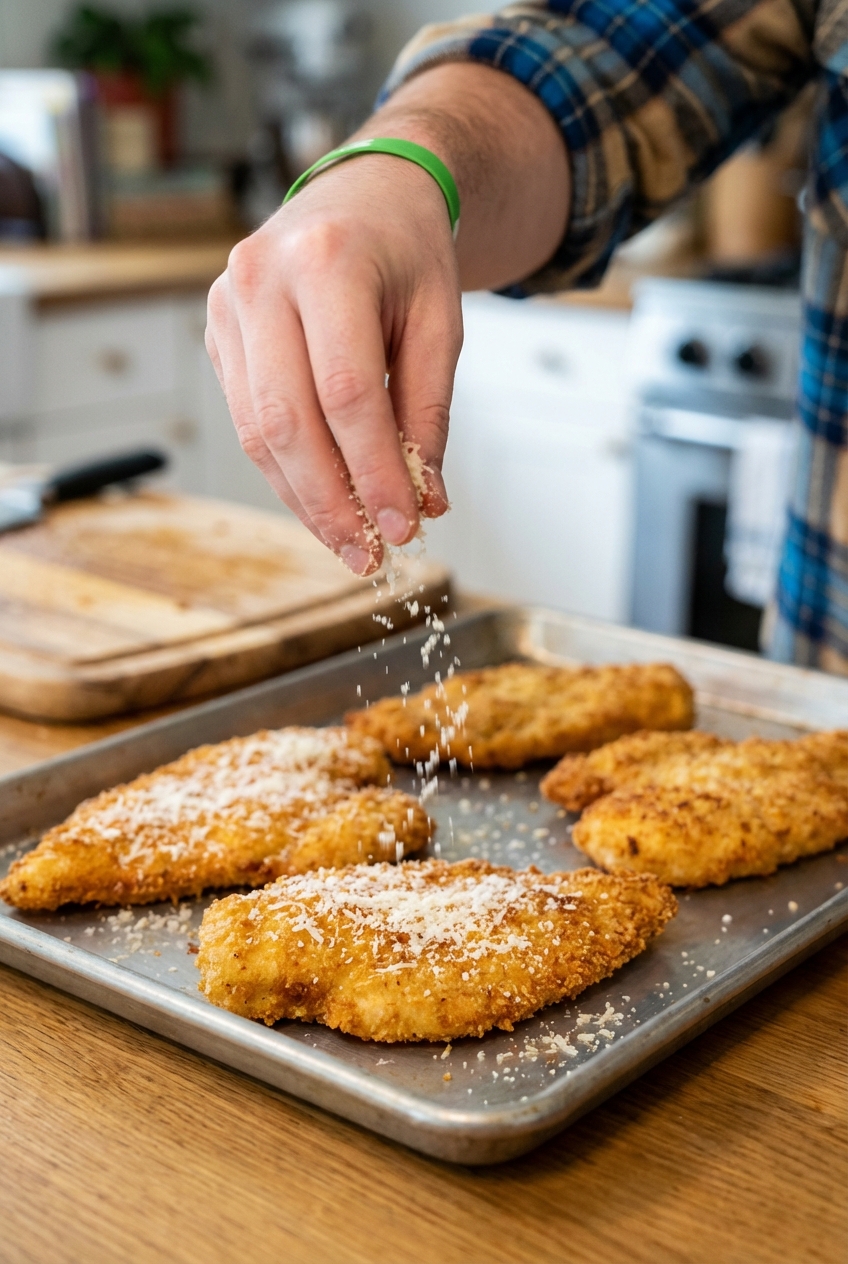 A close-up photo of a hand sprinkling grated Parmesan over breaded chicken cutlets on a sheet pan