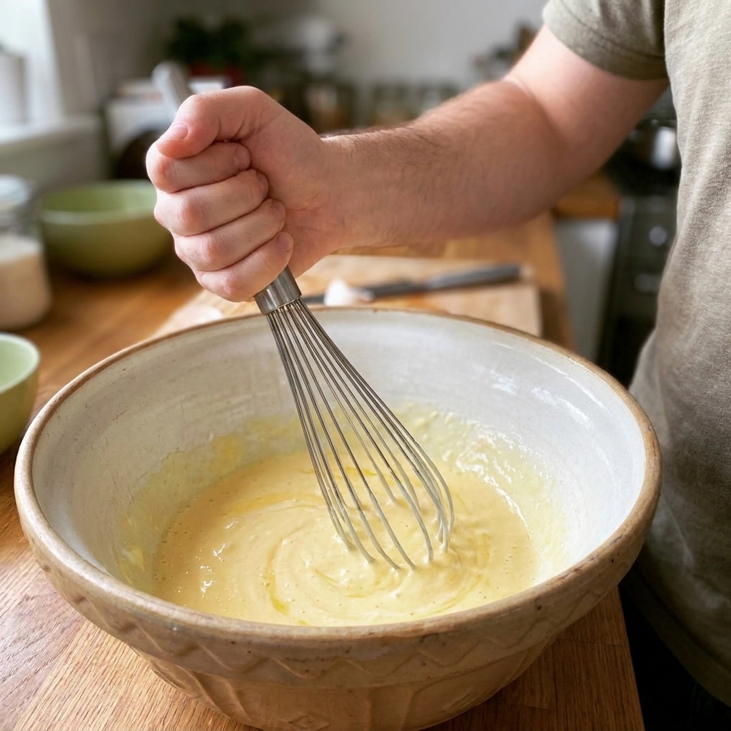 A close-up photo of a hand whisking eggs and cream in a large ceramic mixing bowl on a kitchen counter