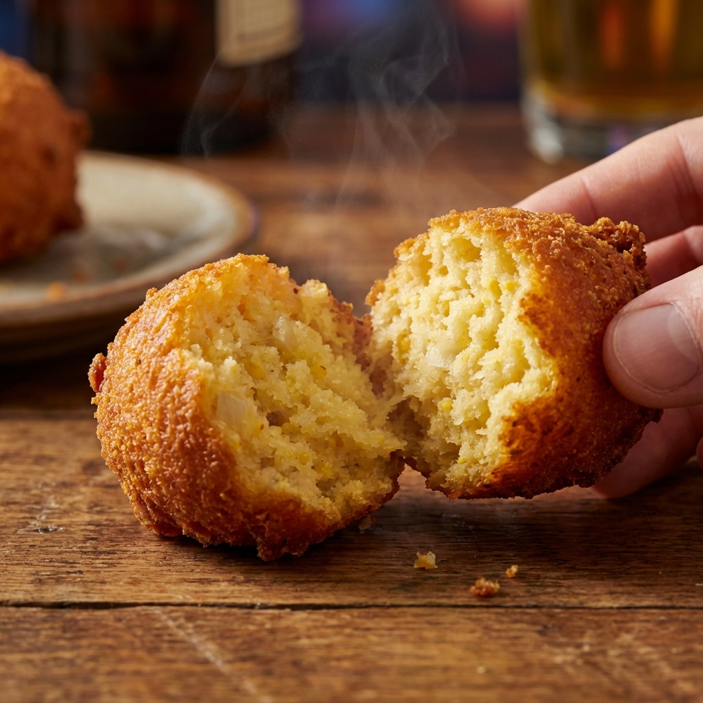 A close-up photo of a hush puppy torn in half showing a moist, fluffy interior with a crisp browned crust