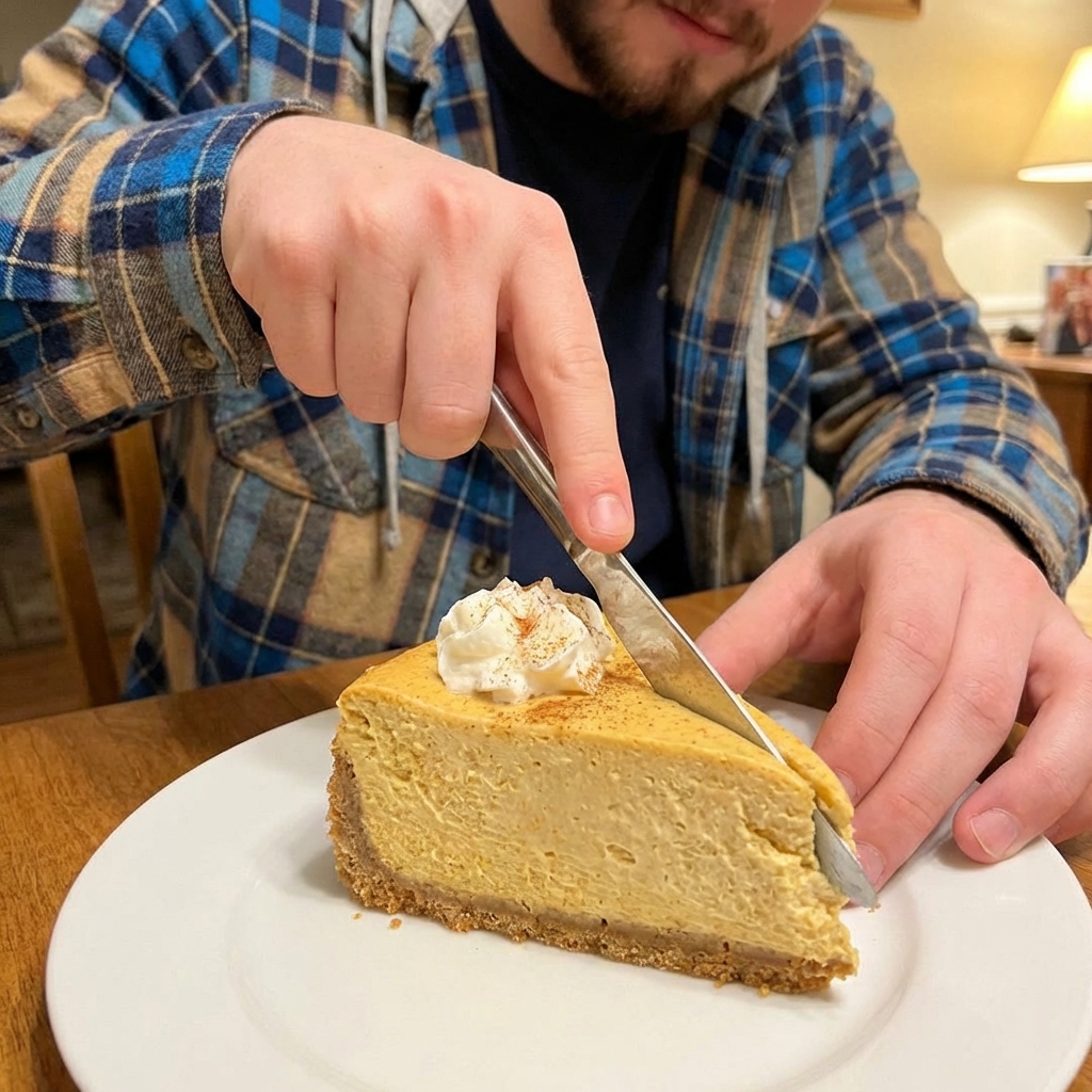 A close-up photo-of-a-knife-slicing-a-creamy pumpkin cheesecake slice with a graham cracker crust on a white plate