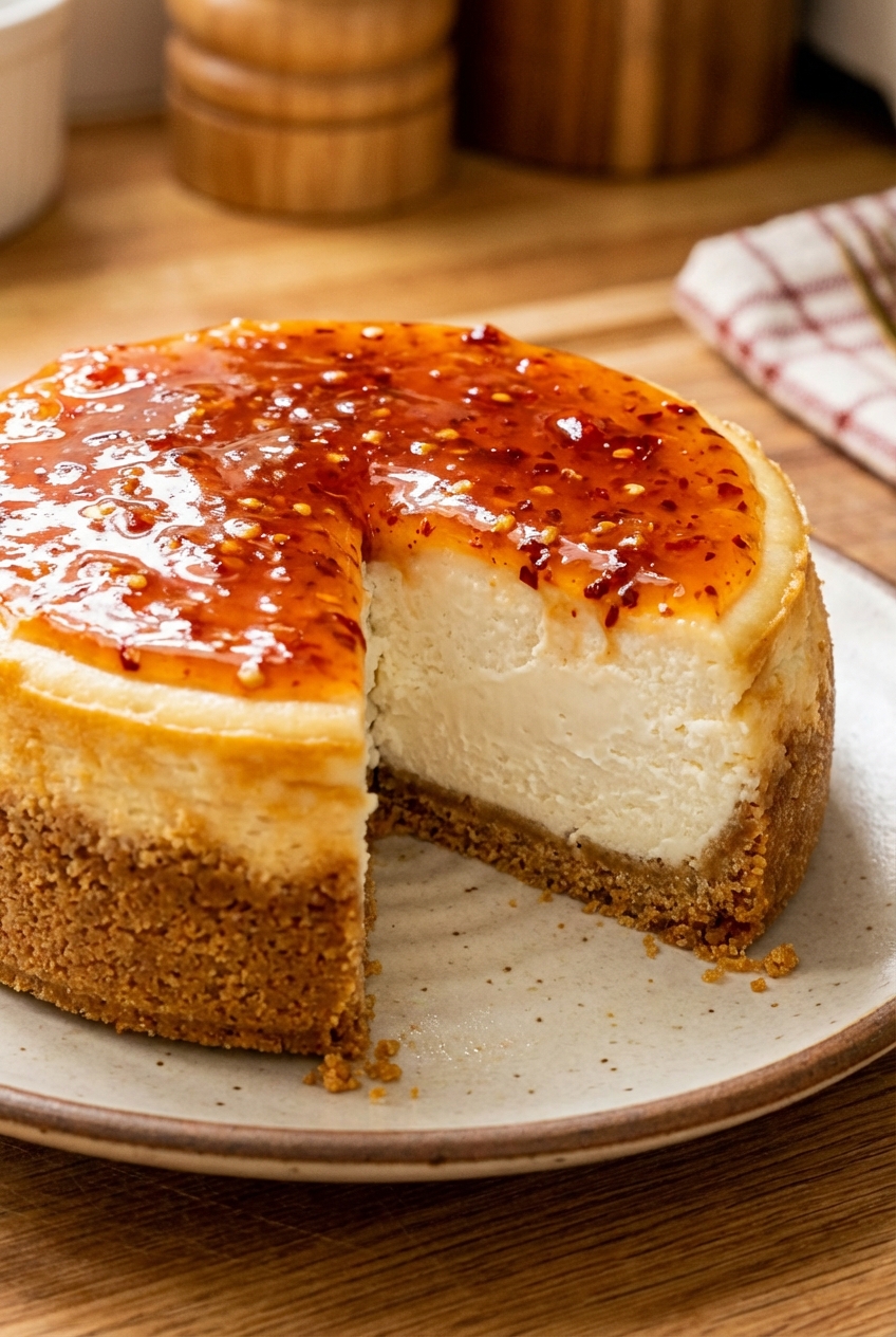 A close up photo of a mini cheesecake showing a creamy center, graham crust, and a shiny spicy topping