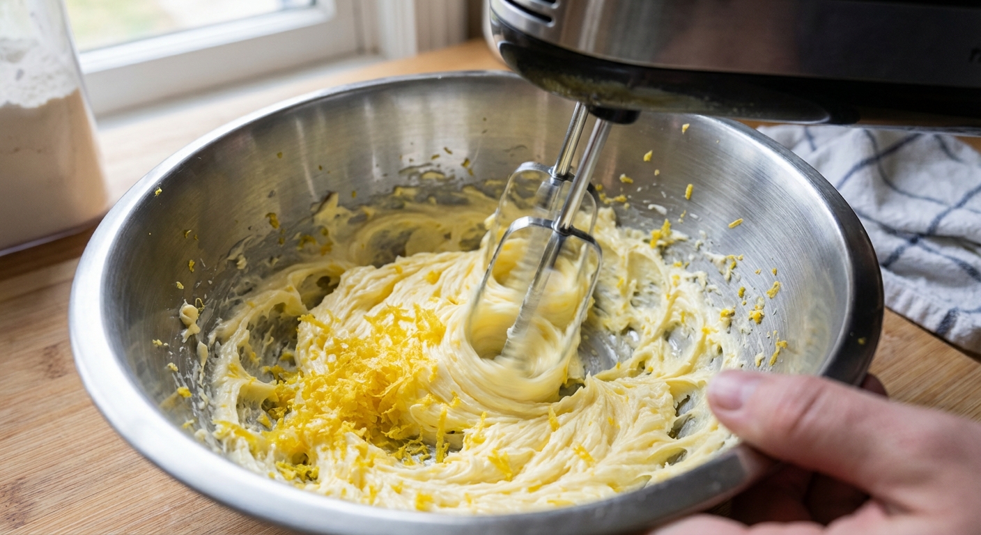 A close-up photo of a mixing bowl with lemon zest and softened butter being creamed together with a hand mixer