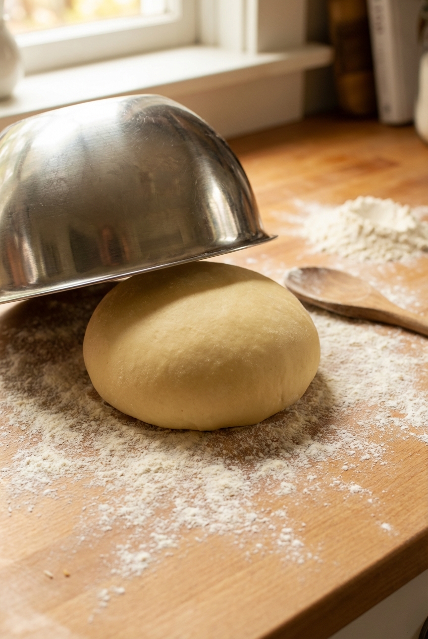 A close-up photo of a pasta dough ball resting under an inverted mixing bowl on a floured countertop