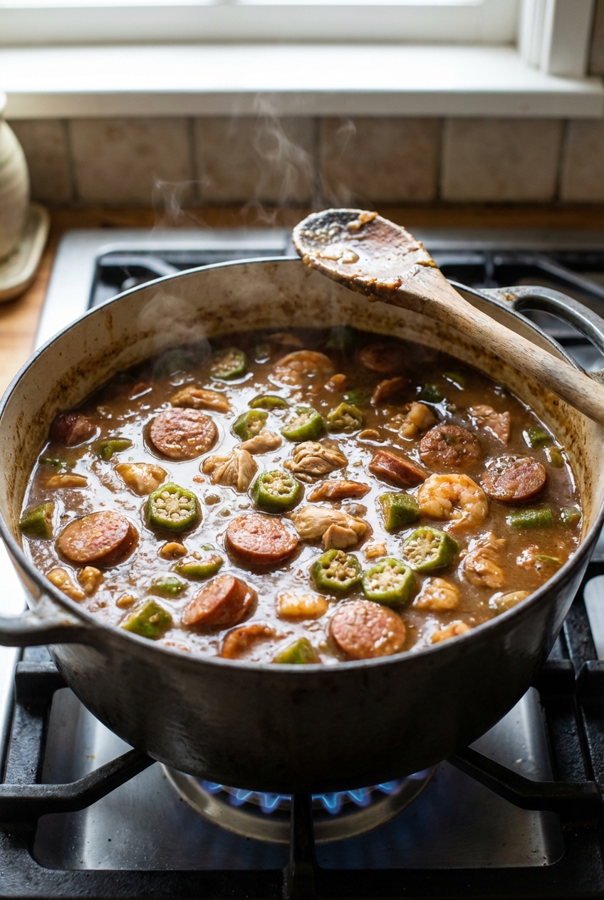 A close-up photo of a pot of gumbo simmering on the stove with visible okra slices, sausage rounds, and a wooden spoon resting on the rim