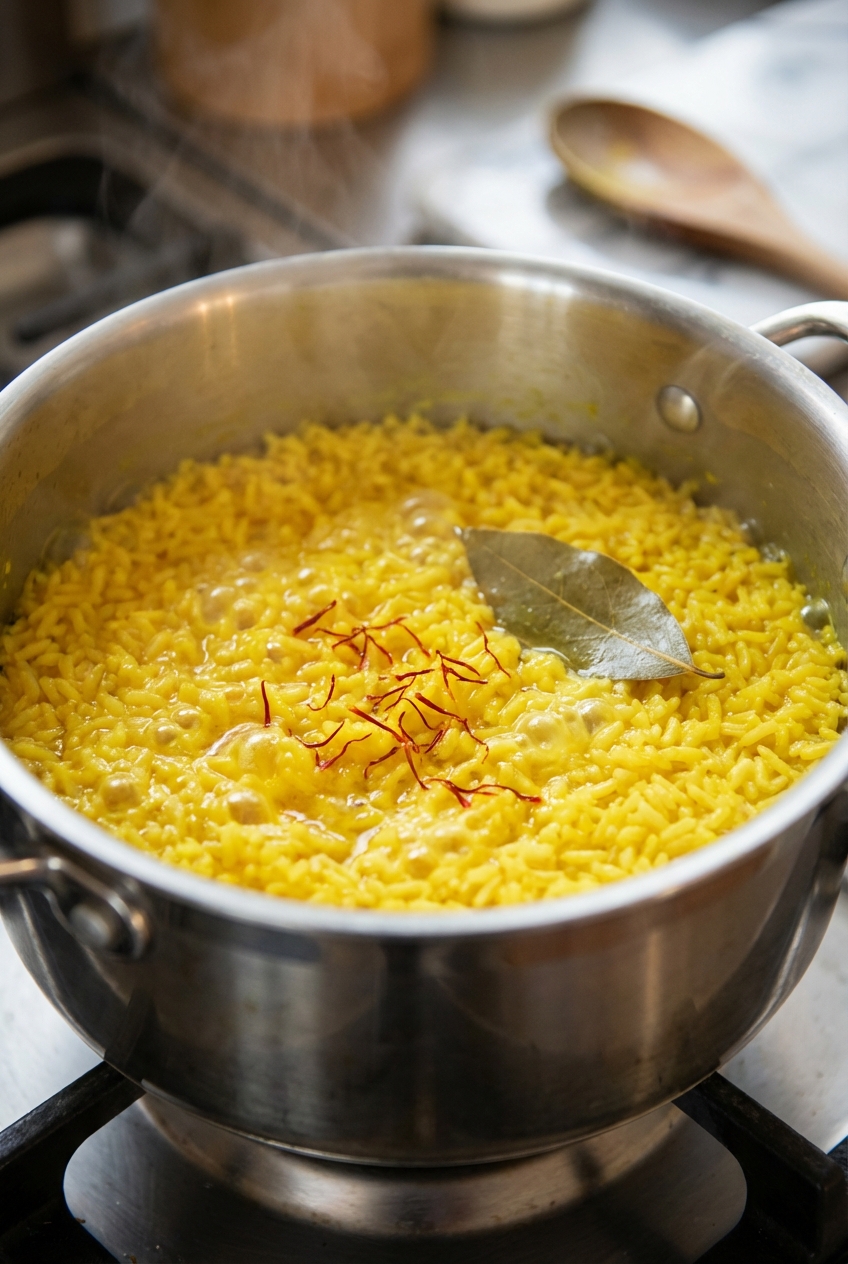 A close-up photo of a pot of yellow rice simmering with saffron threads and bay leaf visible