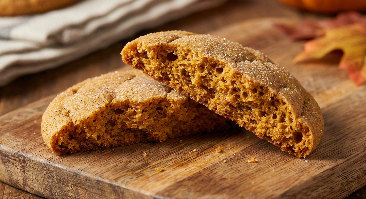 A close-up photo of a pumpkin cookie broken in half showing a soft, tender center and slightly crisp edges