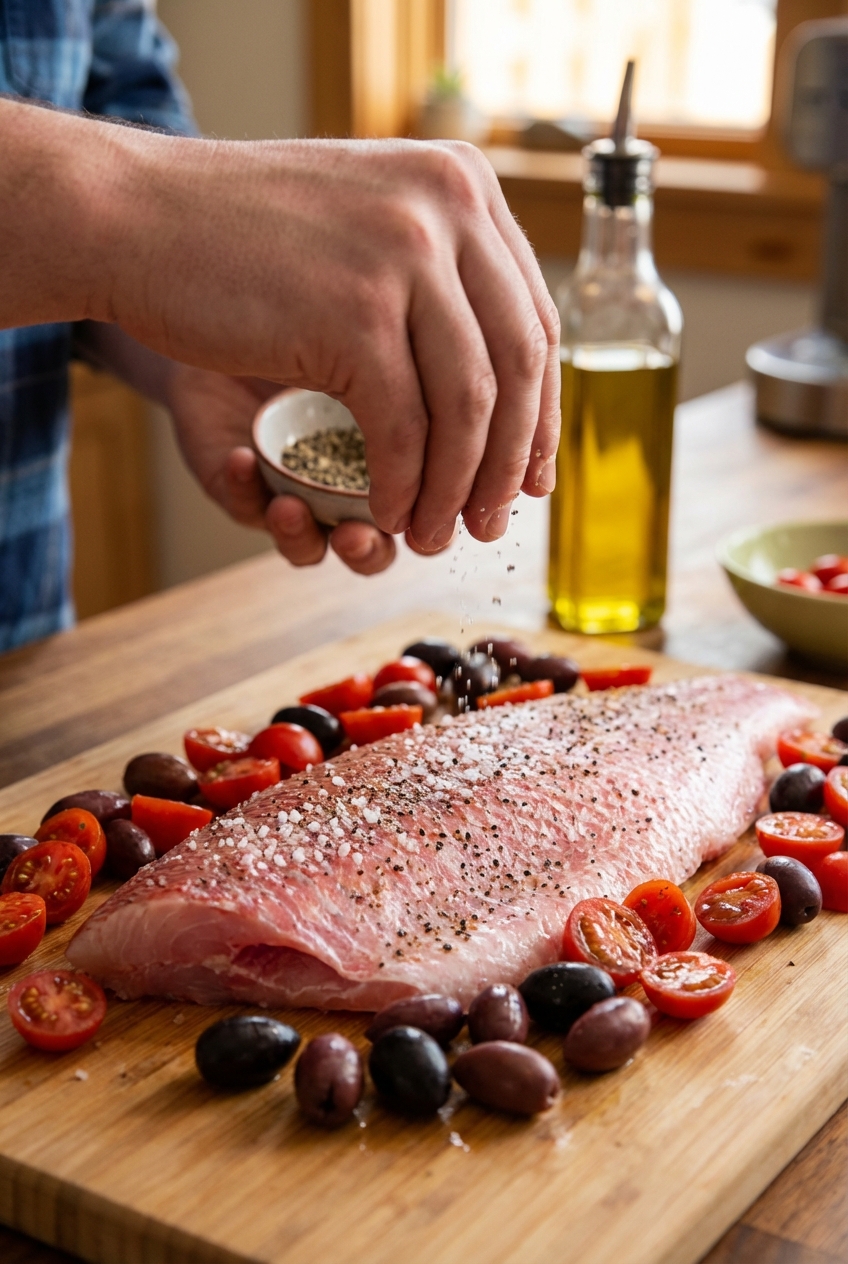 A close-up photo of a red snapper fillet being seasoned with salt and pepper on a cutting board next to cherry tomatoes and olives