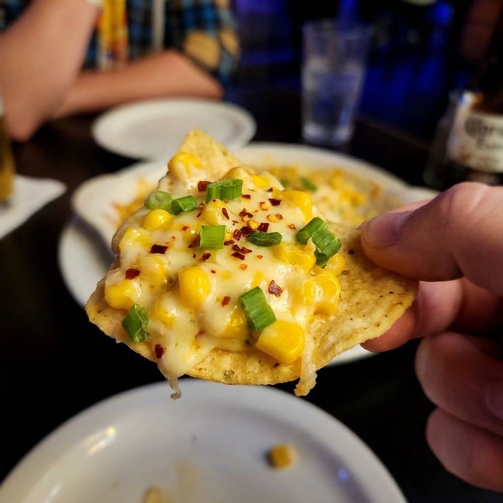 A close-up photo of a scoop of cheesy corn dip on a tortilla chip with visible corn kernels and green onions