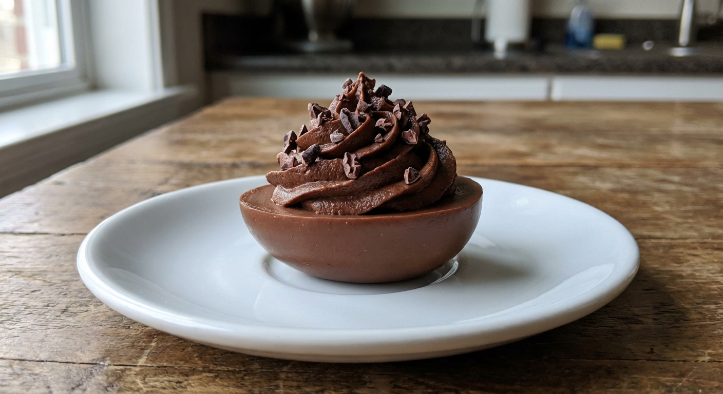 A close-up photo of a single chocolate deviled egg topped with cacao nibs on a white plate