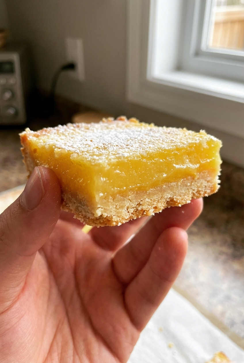 A close-up photo of a single lemon bar held in a hand, showing the thick lemon layer and golden shortbread crust