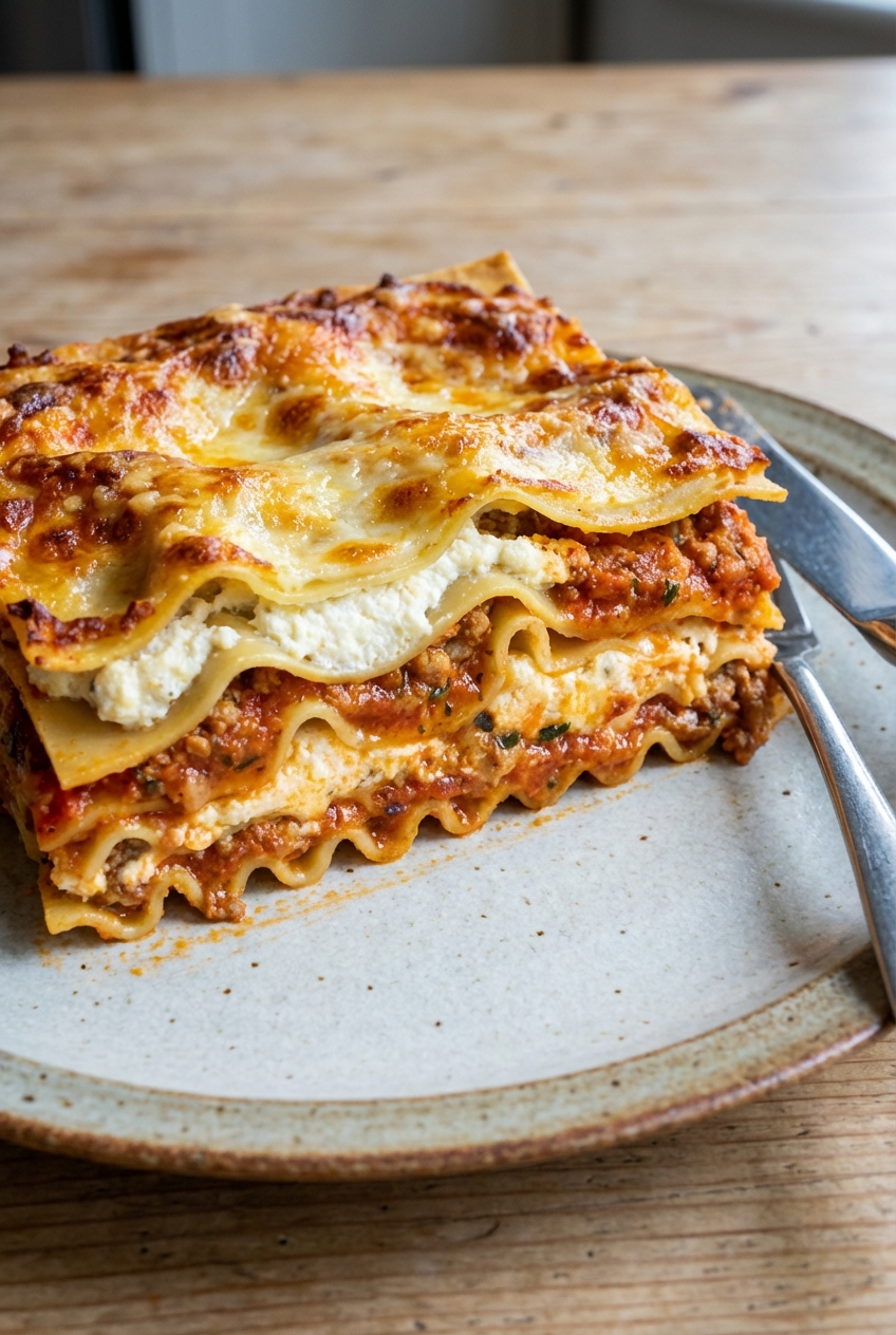 A close-up photo of a single slice of lasagne on a plate showing distinct layers of pasta, creamy ricotta filling, and tangy tomato sauce