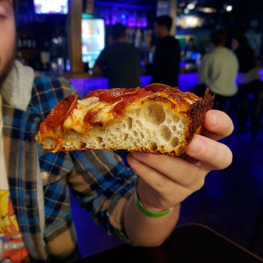 A close-up photo of a slice of Detroit-style pizza being lifted, showing an airy interior crumb and crispy cheese edge