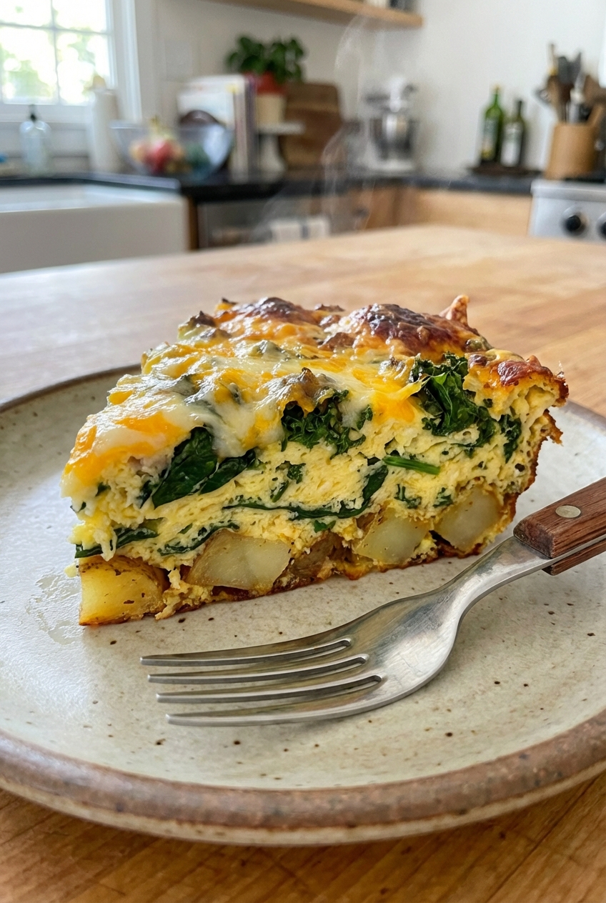 A close-up photo of a slice of breakfast casserole on a plate showing layers of potato, egg, greens, and cheese with a fork beside it