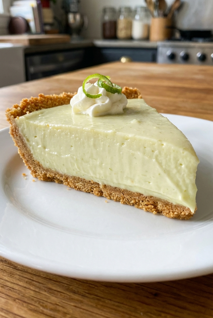 A close-up photo of a slice of key lime pie on a dessert plate showing the creamy pale green filling and crumb crust