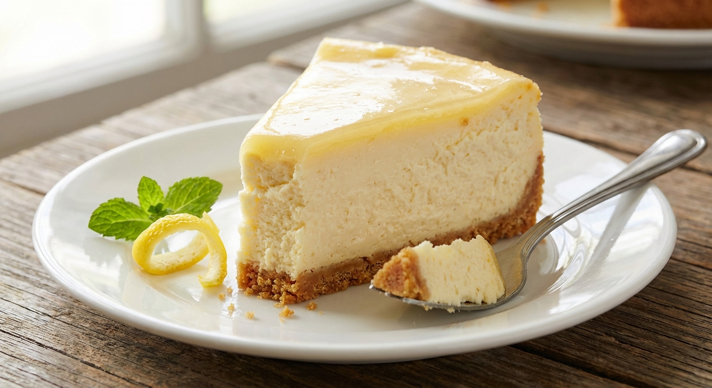 A close-up photo of a slice of lemon cheesecake showing a creamy interior, a thin glossy topping layer, and a crisp golden crust on a dessert plate