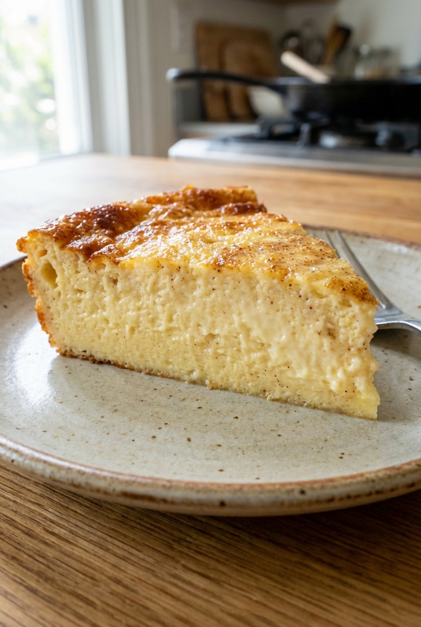 A close-up photo of a slice of sweet egg casserole showing a custardy center and lightly browned top
