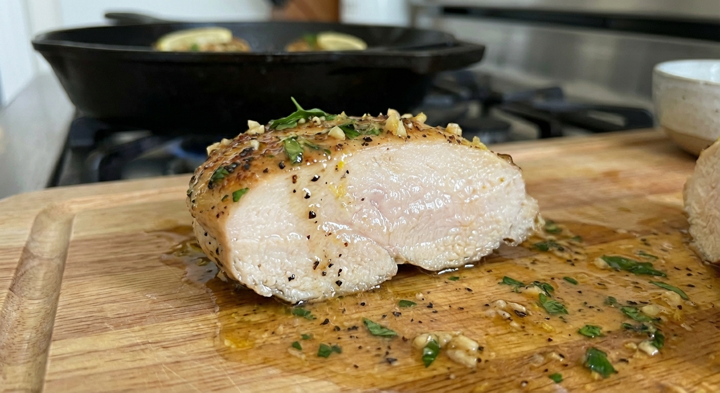 A close-up photo of a sliced chicken breast showing a juicy interior with peppery seasoning and a sheen of pan sauce