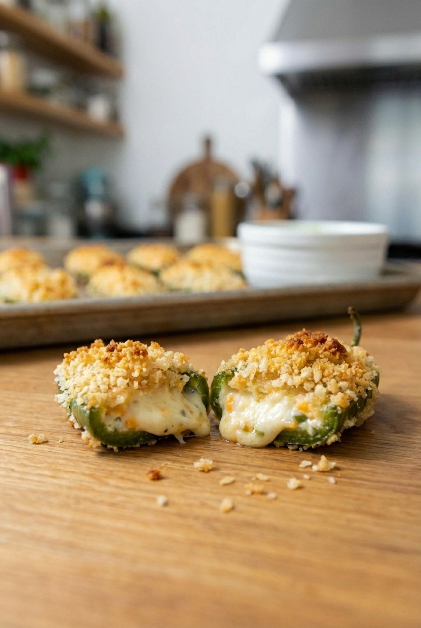 A close-up photo of a sliced jalapeño popper showing the creamy cheese filling and crisp panko topping