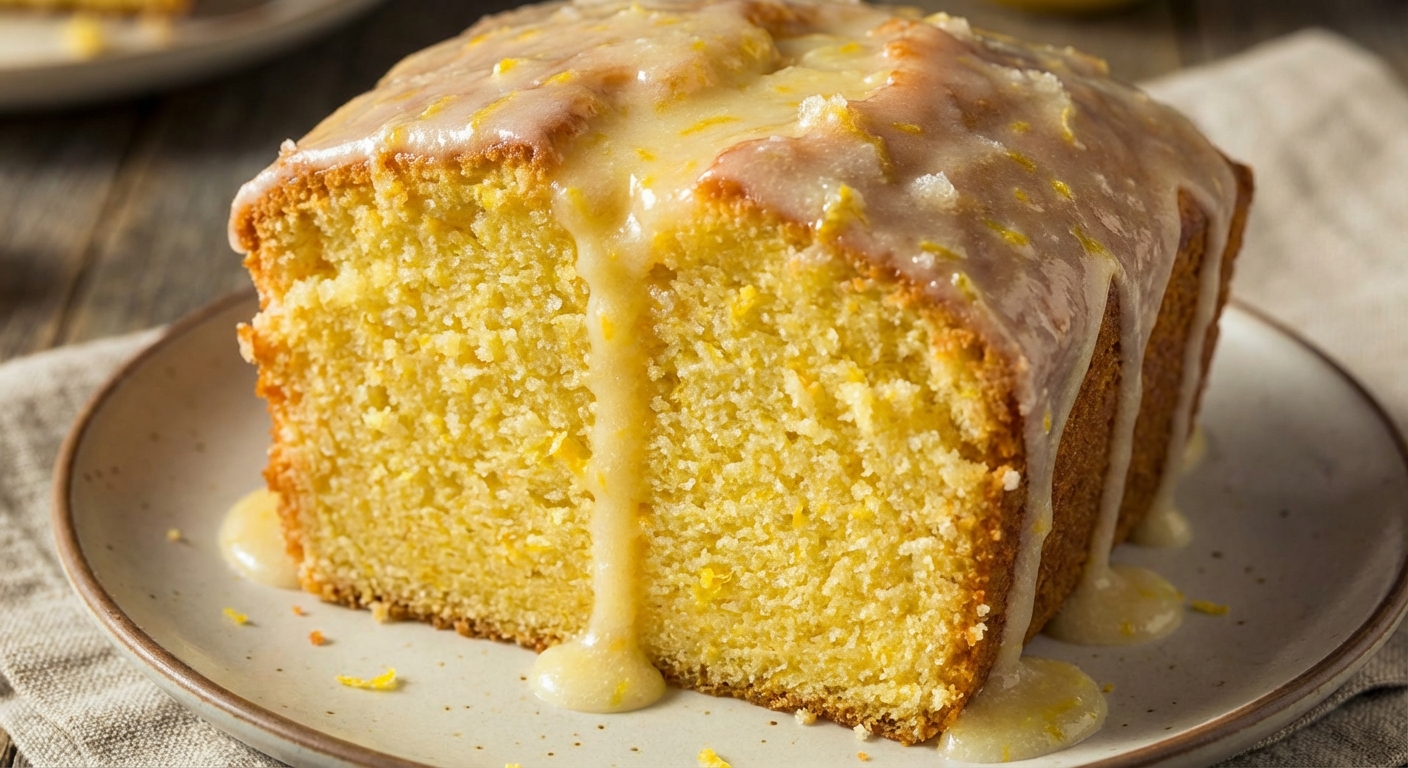 A close-up photo of a sliced lemon loaf cake showing a moist crumb with lemon glaze dripping over the top