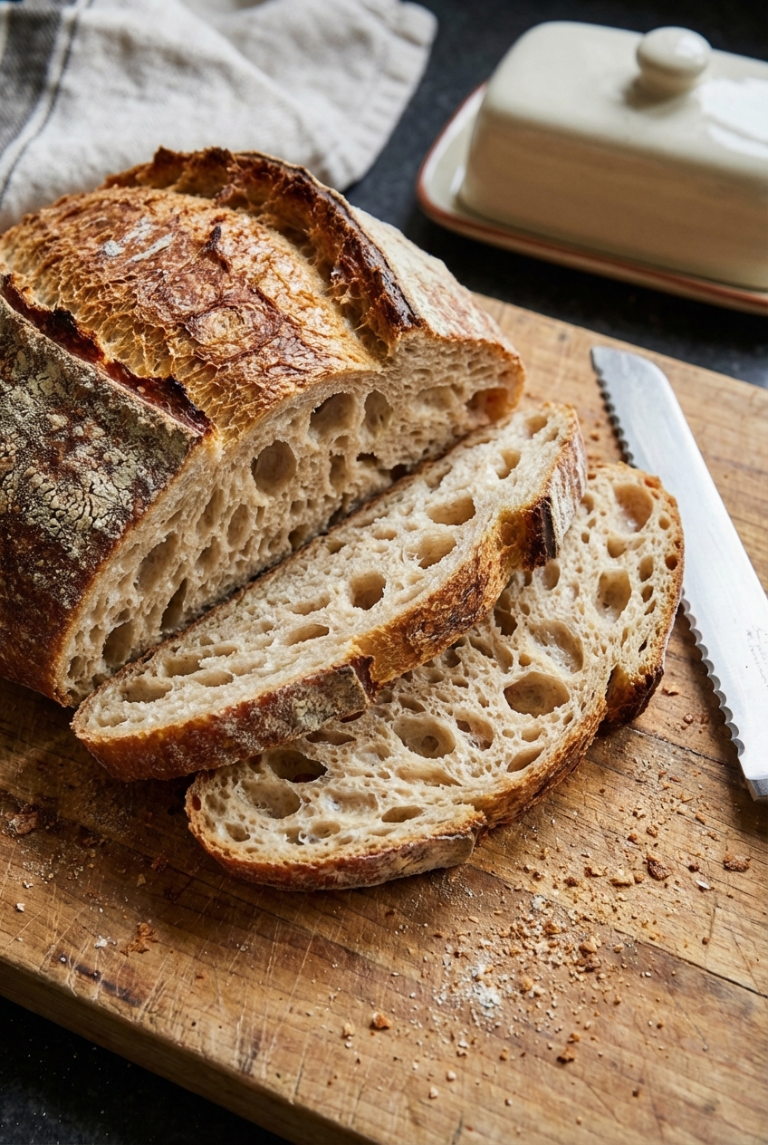 A close-up photo of a sliced loaf showing an airy crumb with a crisp crust on a cutting board
