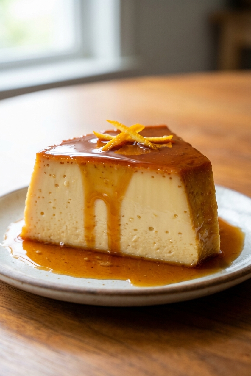 A close-up photo of a sliced piece of flan showing a smooth, creamy interior with caramel sauce drizzled over the cut surface