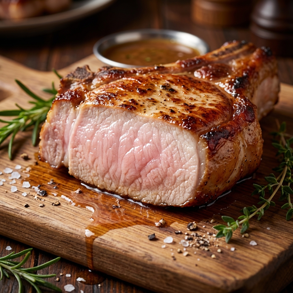 A close-up photo of a sliced pork chop showing a juicy, pale pink center with browned edges
