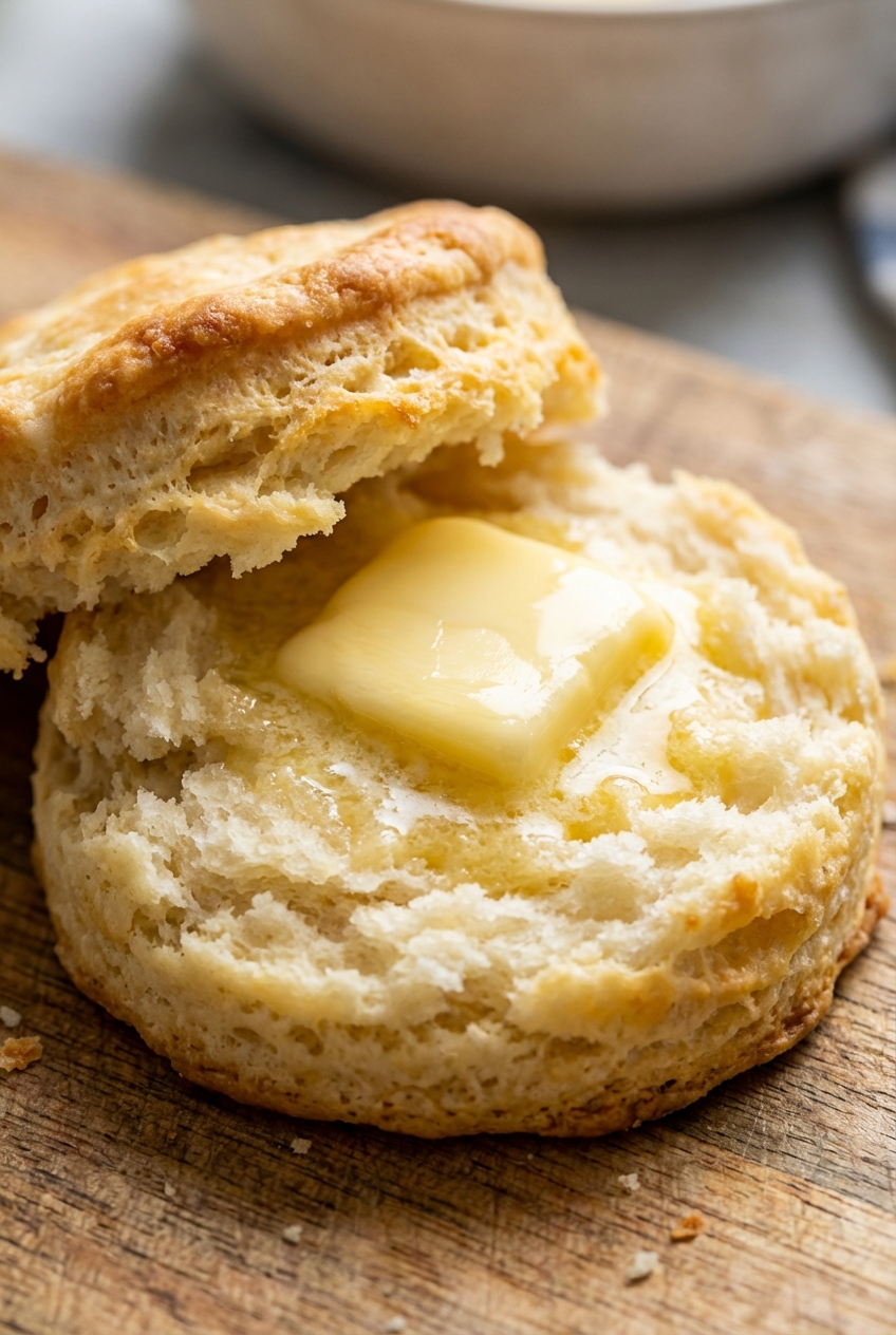 A close-up photo of a split cream biscuit showing a soft fluffy interior with a pat of butter melting inside