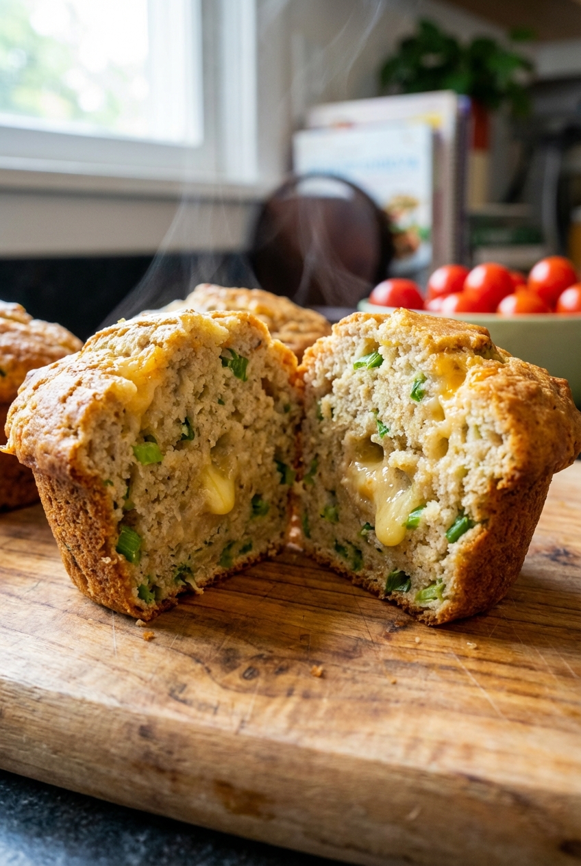 A close-up photo of a split savory banana muffin showing a moist, tender crumb with bits of scallion and melted cheese