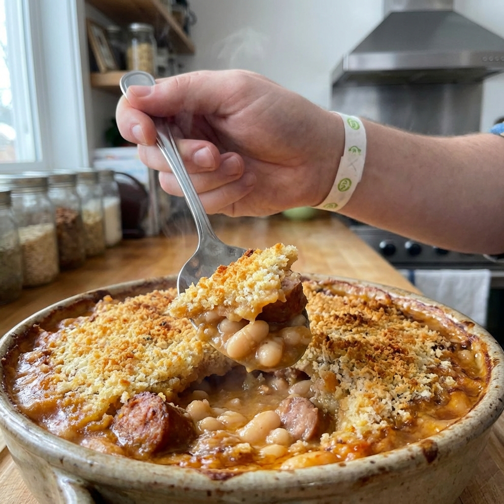 A close-up photo of a spoon breaking through the crisp breadcrumb crust of cassoulet, revealing creamy white beans and sausage underneath