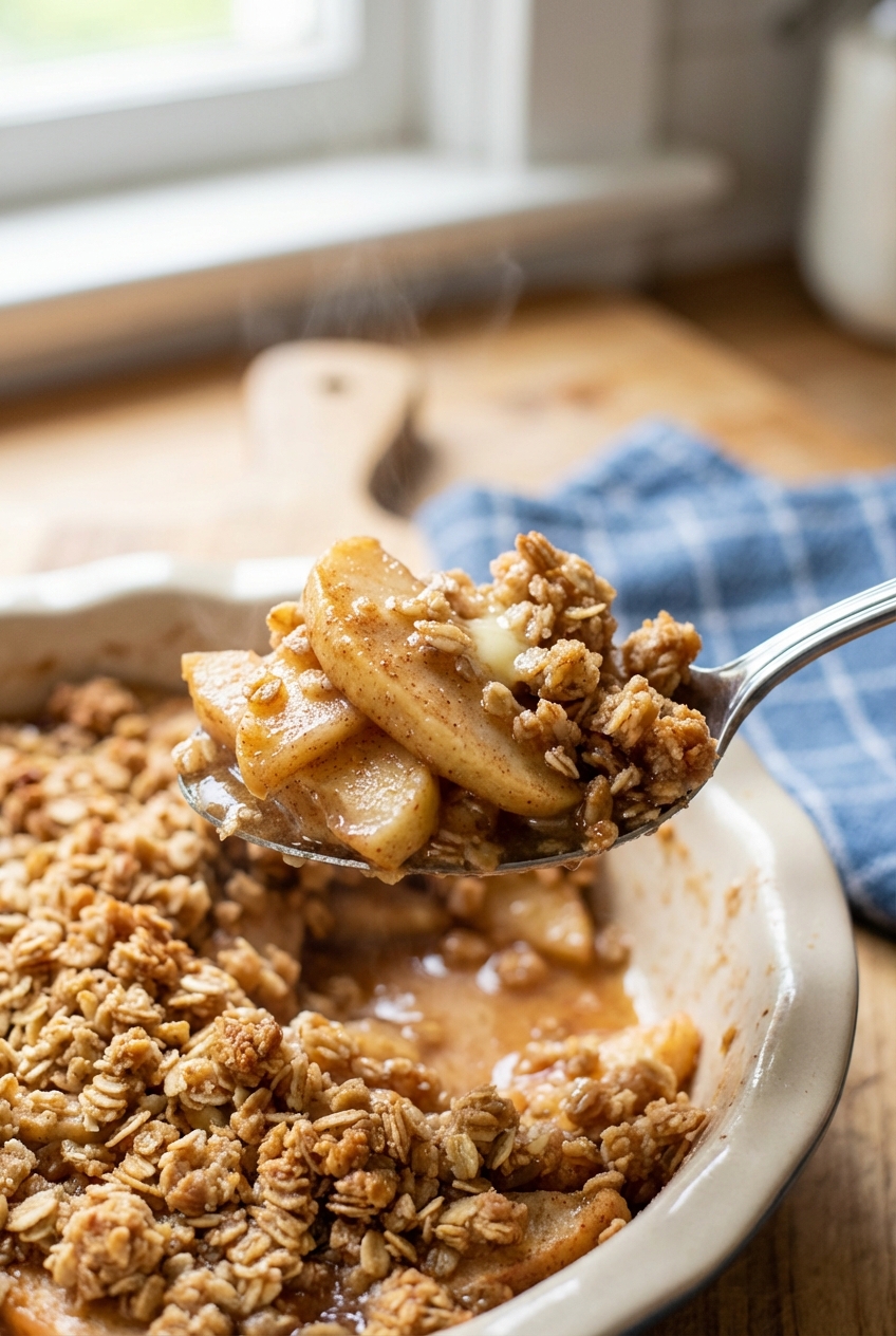 A close-up photo of a spoon lifting a scoop of apple crisp showing tender cinnamon apples and crunchy oats