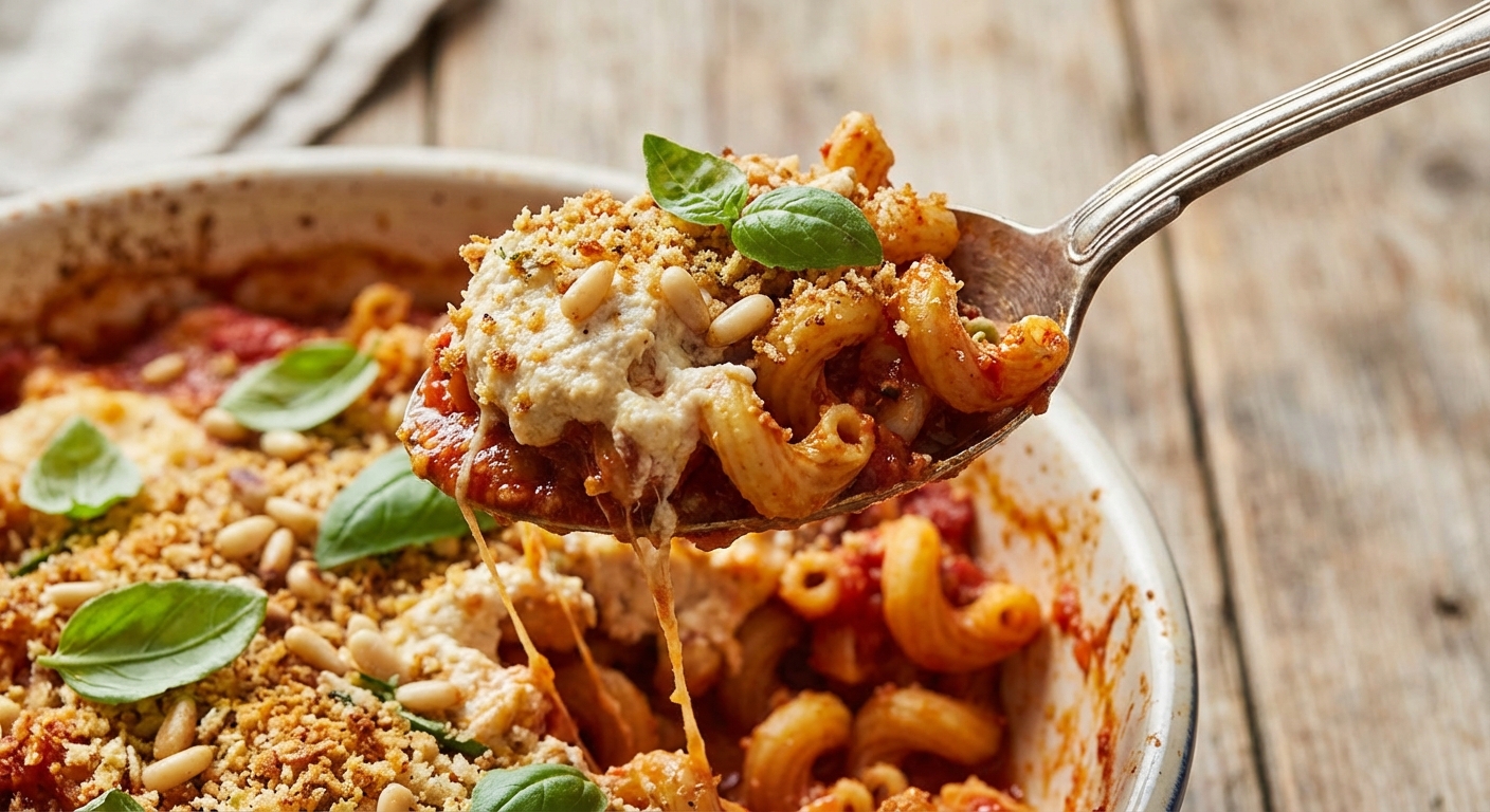 A close-up photo of a spoon lifting a serving of vegan baked pasta showing creamy ricotta-like dollops and toasted breadcrumbs