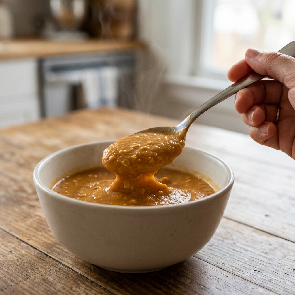 A close-up photo of a spoon lifting a smooth sweet potato oat puree from a bowl