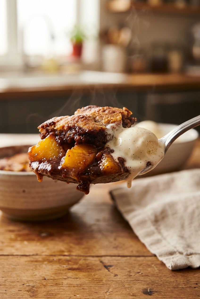 A close-up photo of a spoon lifting a warm scoop of chocolate peach cobbler with melted vanilla ice cream