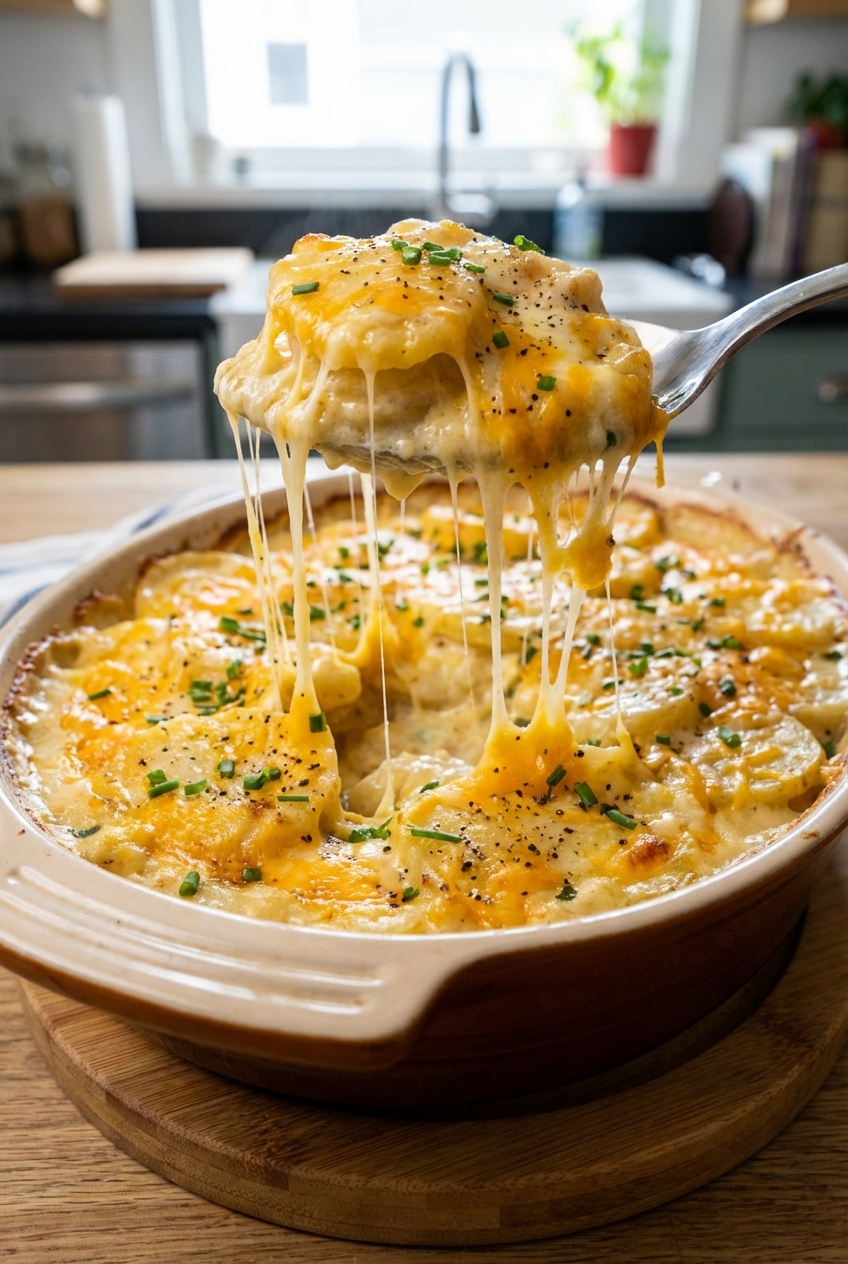 A close-up photo of a spoon lifting creamy cheesy potatoes from a baking dish, with melted cheese stretching slightly