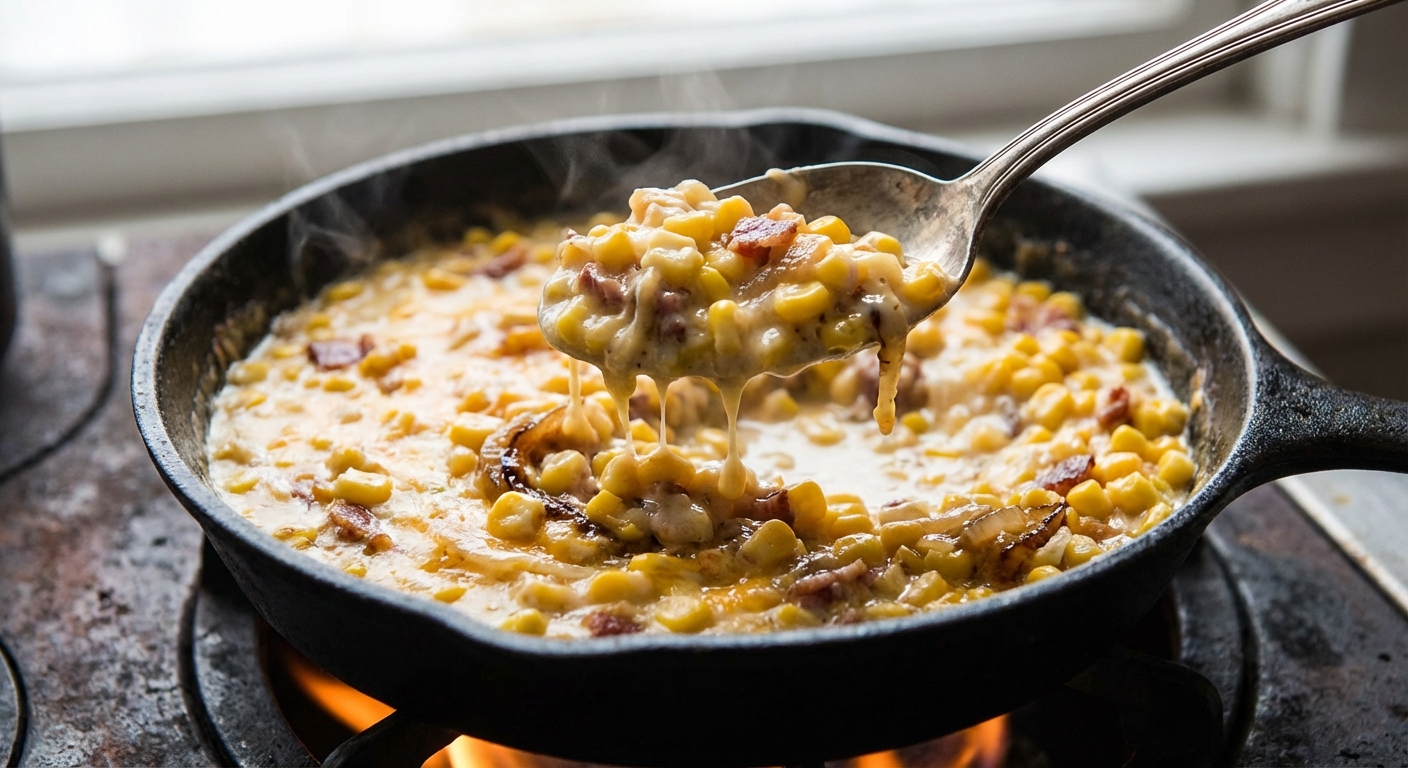 A close-up photo of a spoon lifting creamy corn from a skillet, showing thick sauce clinging to the kernels