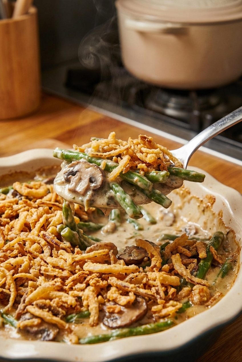 A close-up photo of a spoon lifting creamy green beans and mushrooms from a bubbling casserole with crispy onions on top