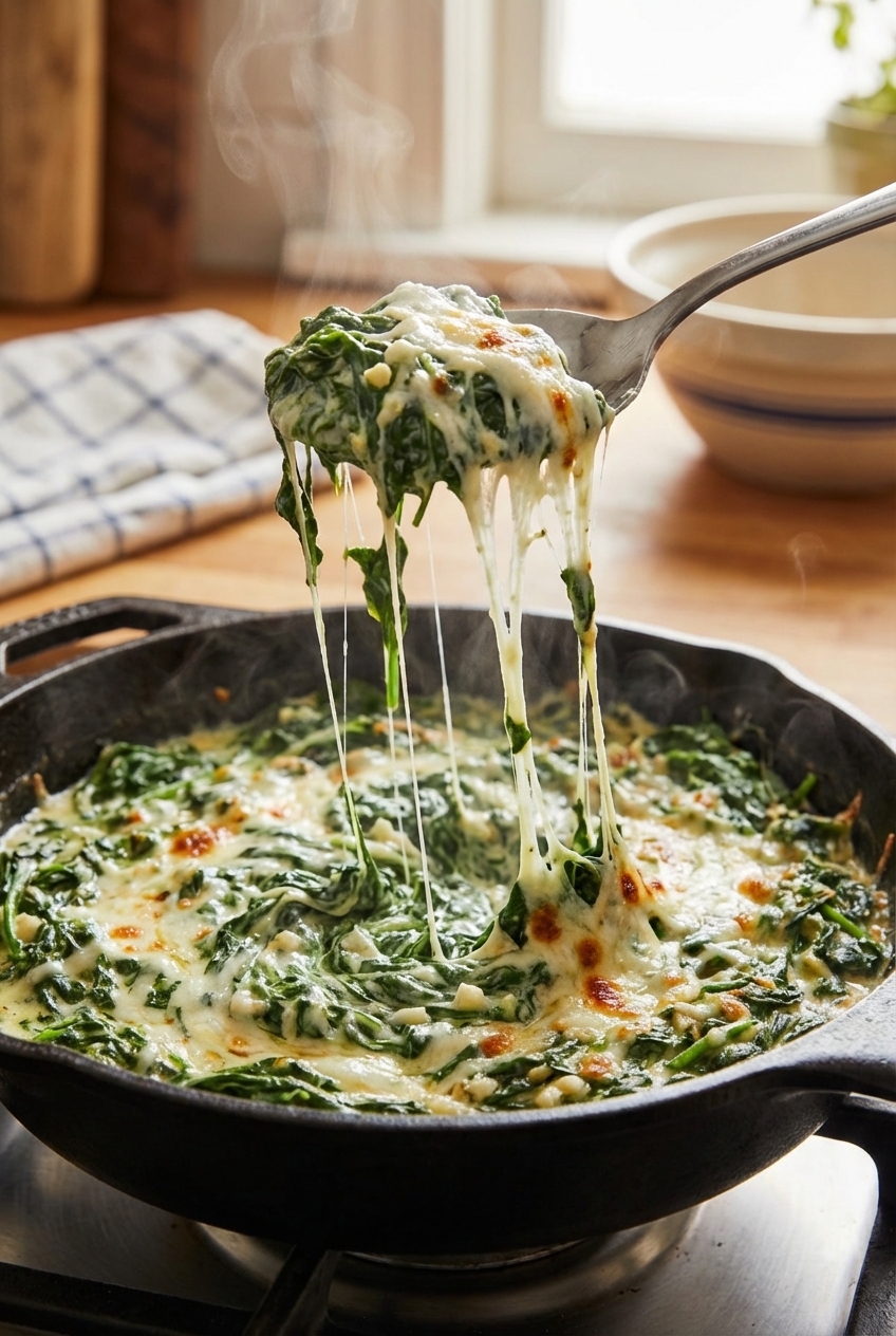 A close up photo of a spoon lifting creamy spinach with strings of melted cheese from a skillet